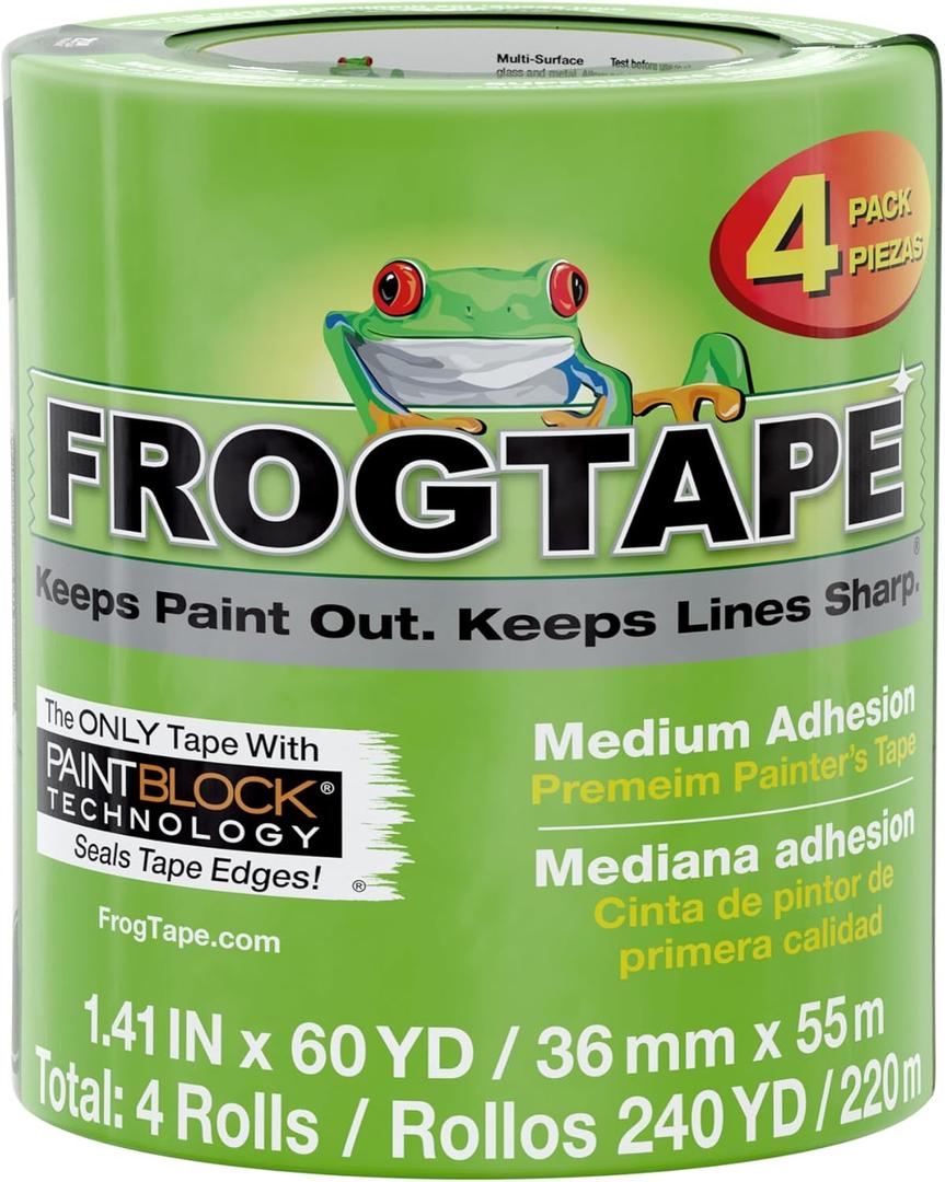 FrogTape Multi-Surface Painters Tape with PAINTBLOCK, 1.5 Inch Wide (1.41 In. x 60 Yds), Medium Adhesion, Green, 4 Rolls (240660)