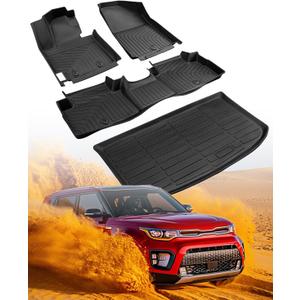 DiffCar for Kia Soul Floor Mats & Cargo Liner 2014 2015 2016 2017 2018 2019 (Not for Hybrid) | All-Weather Custom Fit Car Accessories for Kia Soul Interior Protection | TPE Floor Trunk Mats 4PCS Set