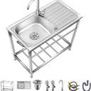 Outdoor Utility Sink, Free Standing Stainless Steel Laundry Tub, Single Bowl Portable Washing Hand Basin Station, Fish Cleaning Table & Storage Shelves for Garage, Restaurant, Kitchen, Camping, Backyard (29.5*15.7*29.5in, Single layer)
