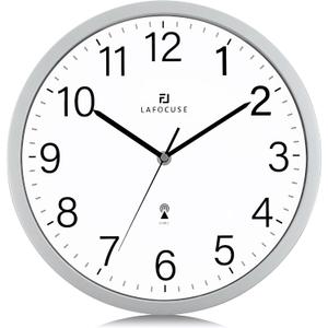 Lafocuse 12 Inch Analog Atomic Wall Clock Battery Operated, Modern Simple Silver Wall Clocks for Living Room for Kitchen Office Bedroom