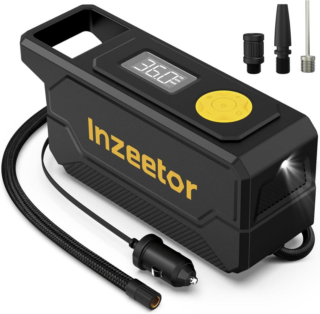 Inzeetor 150 PSI Tire Inflator Portable Air Compressor, 12V DC Auto Shutoff Air Pump with Digital Pressure Gauge and Emergency LED Light for Car Tires, Bicycle & Balloons, Black