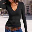 Prettywear Sexy Deep V Neck Long Sleeve Shirts for Women Ribbed Going Out Tops Fitted Casual Basic 2026 Spring Summer Clothes (Black, XS)