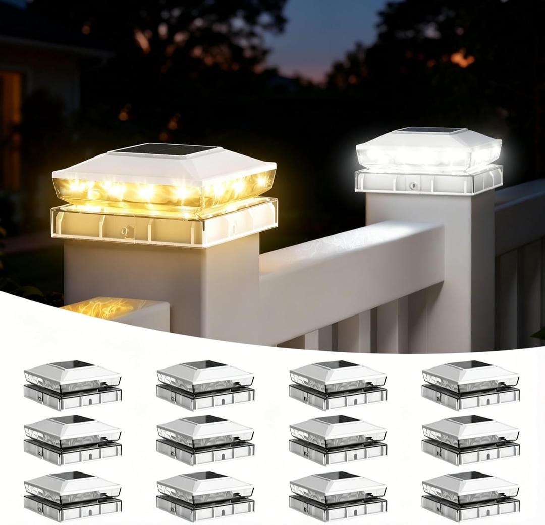 Solar Post Cap Lights Outdoor, 12 Pack Upgraded Waterproof Deck Fence Post Solar Lights for 3.5x3.5 4x4 5x5 Vinyl/Wood Posts, 10-12 Hours Warm/Cool White Glow for Garden/Patio/Porch - White