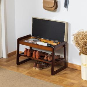 Shoe Bench with Storage - 2-Tier Entryway Bench, Solid Wood Shoe Rack with Cushion & Flip-Open Box, Mid-Century Modern for Hallway, Mudroom, Bedroom (Gray, 21.65'')