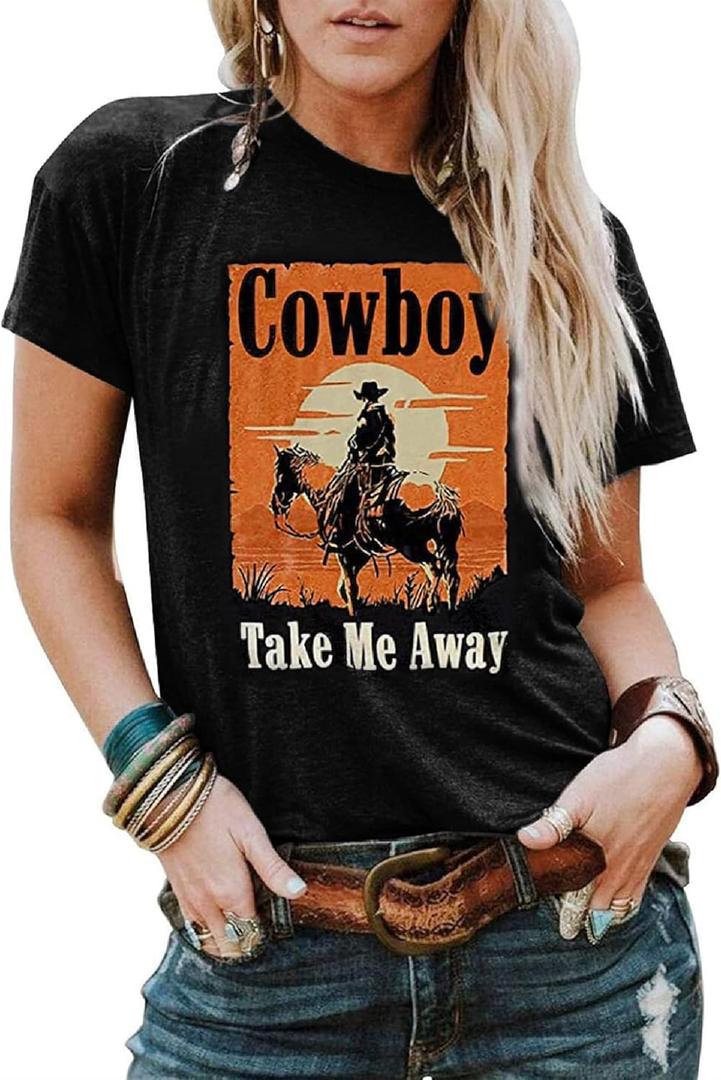 Cowboy Take Me Away T-Shirt for Women Country Cowboy Vintage Tees Tops Cowgirl Letter Print Gift T-Shirt (Small, Black-01)