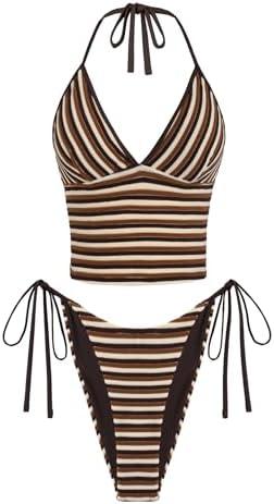 ZAFUL Striped Swim Suits for Women 2025 Halter V Neck Tankini Sets Terry Bikini High Cut Tie Side Thong Bathing Suit S