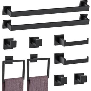10-Piece Matte Black Bathroom Hardware Accessories Set Black Towel Bar Set Towel Holder Set Stainless Steel Wall-Mounted Towel Rack Set for Bathroom, 23.6 Inch Towel Bar