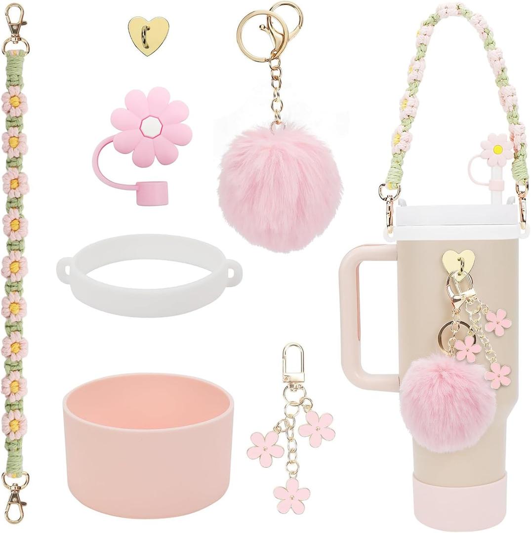 7Pcs Accessories Set for Stanley Cup 40 Oz 30 Oz, Water Bottle Handle Strap, Siliocne Cup Boot, Flower Straw Cover, Charms for Stanley - Light Pink