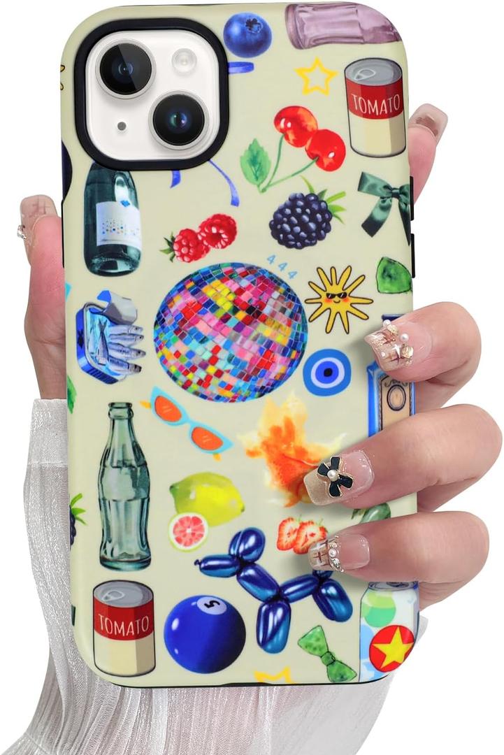 SOKAD Magnetic Summer Collage Phone Case for iPhone 15, Cute Fruits Drinks Collage Pattern Compatible with Magsafe Matte Protective Case Cover with Screen Protector for Girls Women