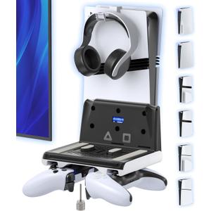 P5 Wall Mount Kit with Controller Holder Compatible with P5/Slim/Pro Disc & Digital, Pa5 Mount Floating for Gaming Accessories, Compact Pa5 Vertical Wall Shelf Organizer Bracket with Headphone Hook (White)