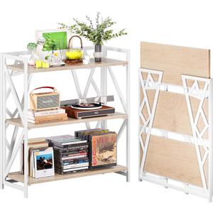 UDD No Assembly Wide Folding Bookshelf, 34" H x 30.9" W, 3 Tier Foldable Book Shelf Industrial Bookcase, Vintage Collapsible Storage Shelves for Home Office Living Room Bedroom, Light Oak White