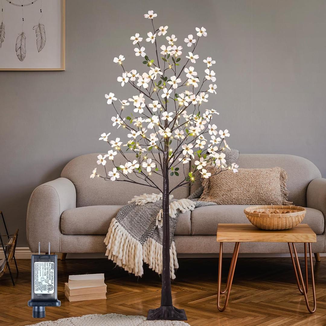 6FT Lighted Dogwood Tree 120 LED Artificial Flowers Tree with Lights for Decor Inside and Outside Home Patio Wedding Festival Christmas Decoration Warm White