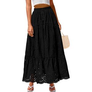 BTFBM Women's Boho Casual Skirts Summer 2025 Lace Embroidery Eyelet Elastic Waist Flowy Tiered A-Line Beach Maxi Skirt (XXL, Black)