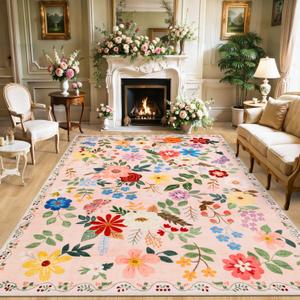 Area Rugs 9x12 Living Room: Floral Washable Rug Vintage Large Soft Boho Non-Slip Carpet Indoor Floor Stain Resistant Low Pile Carpets for Bedroom Dining Room Farmhouse Nursery Home Office Dark Beige