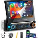 Single Din Touchscreen Radio Motorized Flip Out 7" QLED Carplay Wireless Apple CarPlay&  Android Auto. Dual Band WiFi. Fast Charging. Voltage & Noise Filter for old cars. Bluetooth. Backup Camera