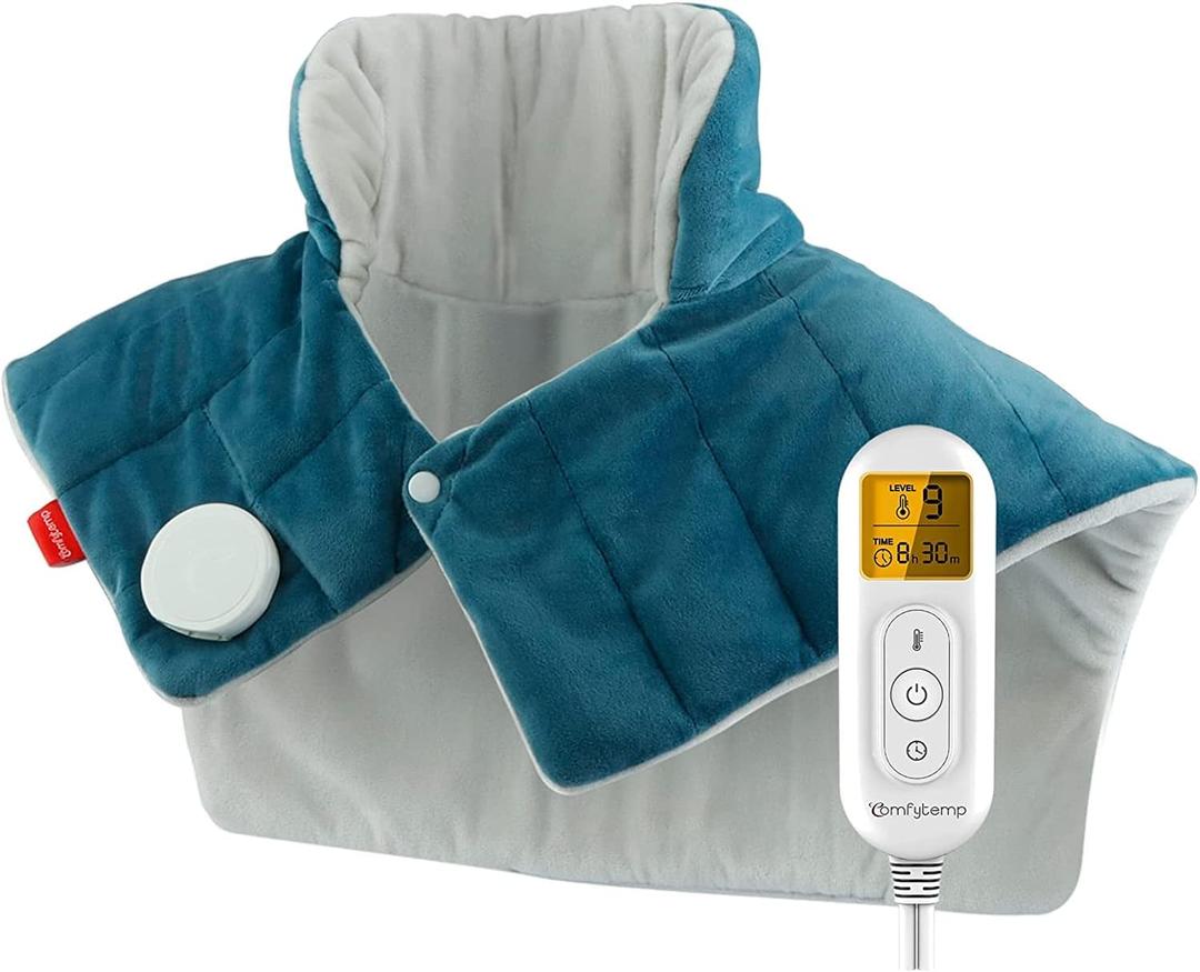 Comfytemp Heating Pad for Neck and Shoulders and Back, FSA HSA Eligible 2.6lb Weighted Electric Heat Pad for Pain Relief, Large Heated Wrap, 9 Heat Settings, 11 Auto-Off, Gifts for Women Men Mom Dad (Blue)