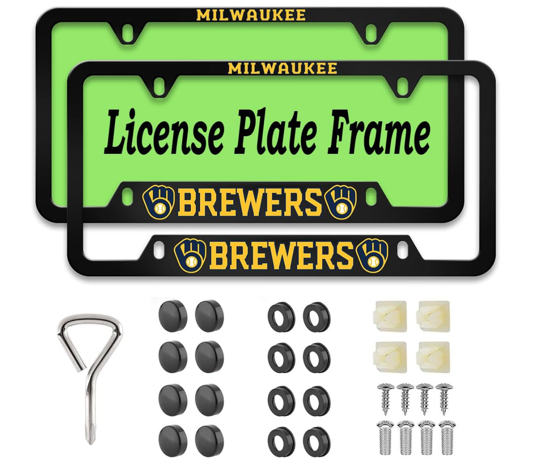 4 Holes Matte Black Aluminum Alloy Car License Plate Frames for Brewers,Rustproof Metal SUV Car Tag Covers,Rust Proof Universal Truck License Plate Holders (2 Pack)