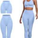3 Piece Workout Sets for Women Butt Lifting Leggings with High Impact Sports Bra Gym Shorts (Large, Light Blue)