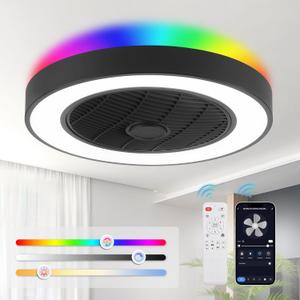 LEDIARY 20 Inch Low Profile Ceiling Fans With Lights, Led Bladeless Ceiling Fan, Remote Control Enclosed Flush Mount Ceiling Fan With Timming, 3000-6000K, 6 Wind Speed, 3000LM, 57W-Black RGB LEDIARY 20 Inch Low Profile Ceiling Fans With Lights, Led Bladeless Ceiling Fan, Remote Control Enclosed Flush Mount Ceiling Fan With Timming, 3000-6000K, 6 Wind Speed, 3000LM, 57W-Black RGB