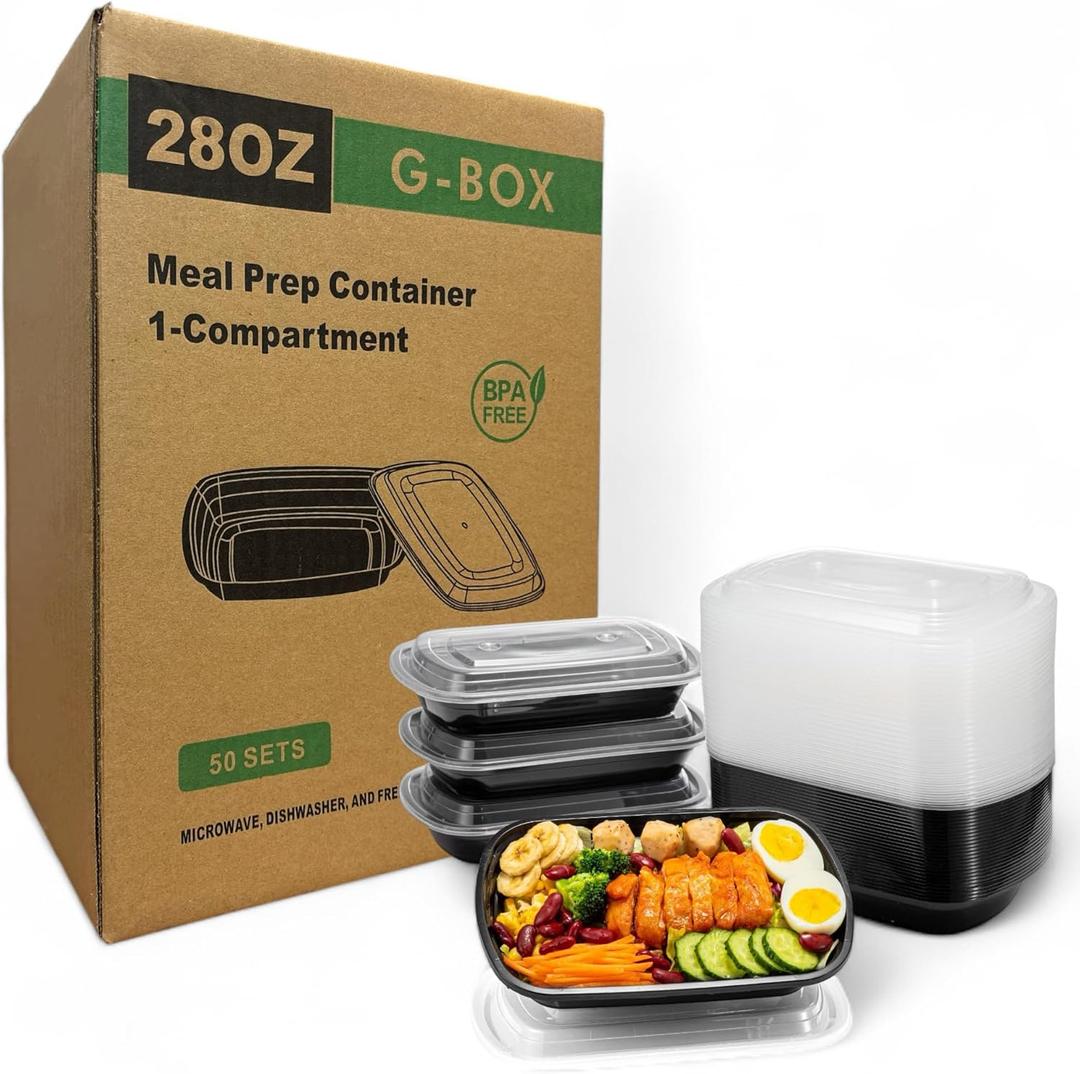 G-BOX Meal Prep Containers with Lids - 28 OZ | 50 Pack | 1 Compartment Food Containers with Lids [Meal Prep, Bento Box, Stackable, Reusable, Dishwasher Safe, Microwave Safe, Freezer Safe]