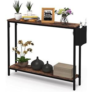 Bigbiglife 39.4" Console Entryway Table, 2-Tier Industrial Narrow Sofa Table with Storage Shelves for Hallway, Living Room, Bedroom, Foyer, Corridor, Office, Rustic Brown and Black