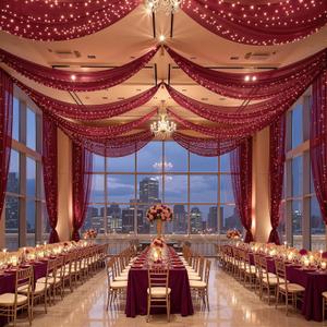 6 Panels Burgundy Ceiling Curtains with Lights for Weddings - 5ftx30ft Wrinkle-Free Tulle Fabric Wedding Arch Draping Ceiling Drapes Decorations for Wedding Party Ceremony Stage Tent Event, 60"W x 360"L