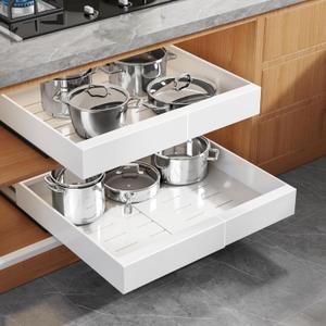 2 Pack Expandable Pull Out Cabinet Organizer 16.5"Deep with Raising Pad for Framed Cabinets,Upgrade 3 Slide Rails Slide Out Drawers,Roll Out Shelves Adhesive,Adjustable Width 12.2"-20.4"White