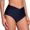 COCOPEAR V-Cross High Waisted Bikini Bottoms Tummy Control Full Coverage Bikini Bottoms for Women (Black, L)