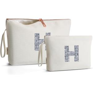 A-Z BAG 2pcs Personalised Makeup Bag Set, Canvas Cosmetic Bag with Rhinestone Initial, Birthday Gifts for Women (H, Beige)
