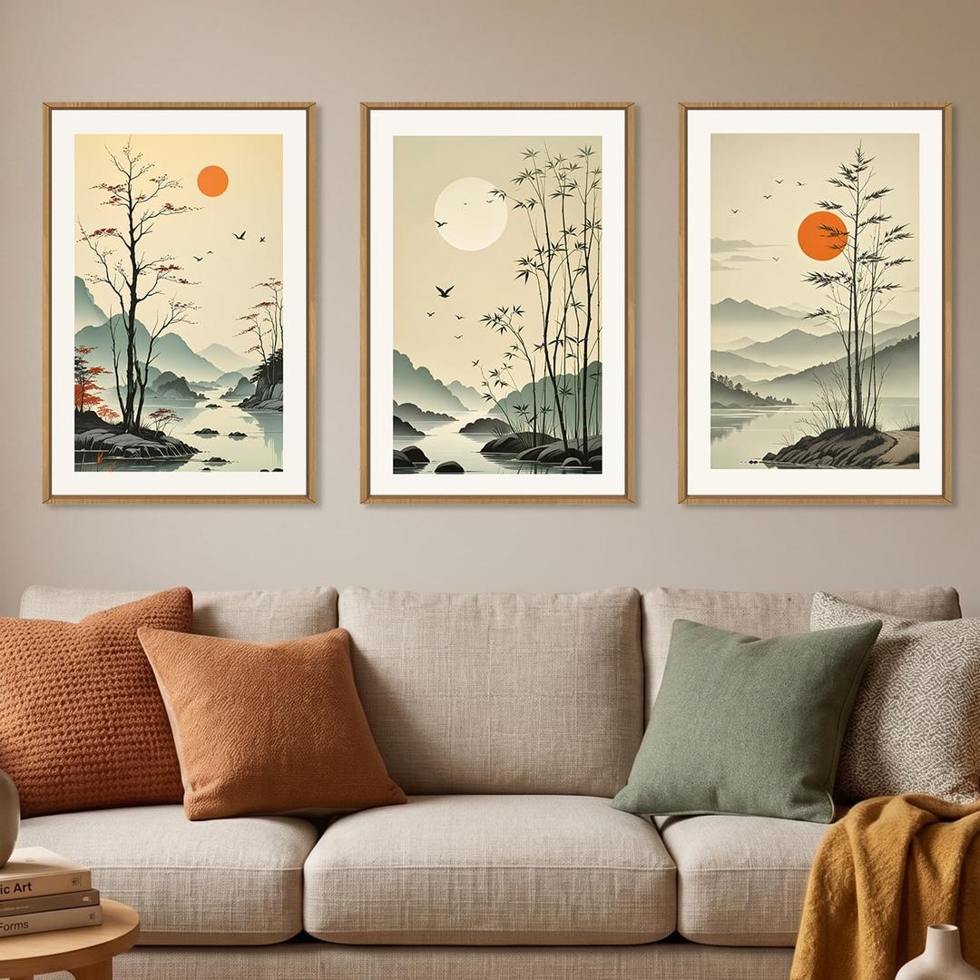 Chinoiserie Bamboo Forest Framed Canvas Wall Art Set, Nature Tree Lakes Wall Decor, Minimalist Zen Landscape Wall Painting, Watercolor Art Prints for Living Room, Bedroom, Office 16"X24"X3