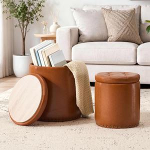 Royal Windsor Round Ottoman with Storage Set of 2, Faux Leather Button Tufted Vanity Stool, Storage Ottoman Coffee Table, Small Leather Foot Rest Stool for Living Room, Bedroom, Brown, 14.8"D x 14.8"W x 17.3"H