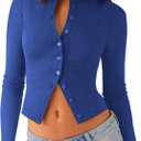 Womens Long Sleeve Tops Fall Lightweight Cardigan Cropped Going Out Shirts Ribbed Button Down Cute Trendy 2026 (Small, Royalblue)