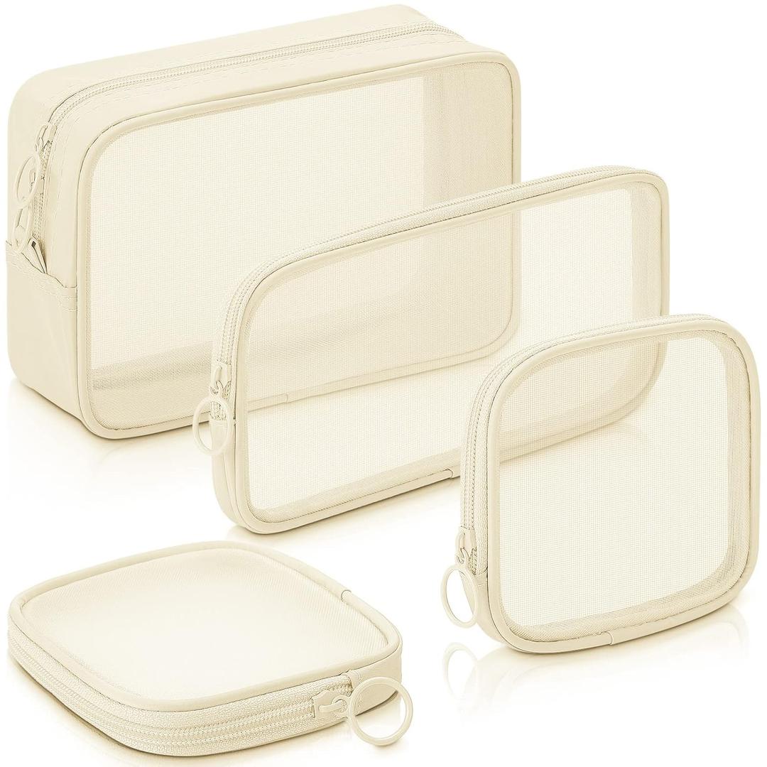 Weewooday 4 Pcs Mesh Makeup Bag Mesh Cosmetic Bag Travel Toiletry Pouch with Zipper Mini Makeup Cosmetic Purse for Daily Accessory(Small, Large, Medium,Beige) (Variety Pack)