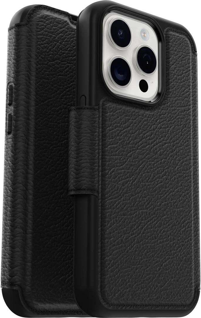 OtterBox iPhone 15 Pro (Only) Strada Folio Series Case - Shadow (Black), Card Holder, Snaps to MagSafe, Genuine Leather, Pocket-Friendly, Folio case