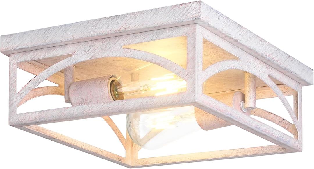 Rustic Flush Mount Ceiling Light Fixture, Farmhouse Close to Ceiling Light Fixture for Hallway Porch Bedroom, Kitchen Lights Ceiling, 1 Pack, White, HandFinished WoodLook