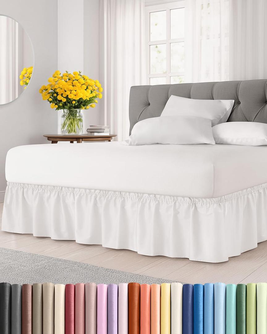 Wrap Around Dust Ruffle Bed Skirt - Antique White - for Full Size Beds w/ 15 Inch Drop - Easy Fit Elastic Strap - Adjustable Pleated Bedskirt w/Brushed Fabric, Wrinkle Free Women, Men, Kids & Teens