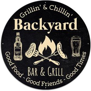 MeMate Metal Backyard Bar & Grill Signs, Grilling Sign Outdoor Decor, 18 inches Large Metal Signs for Kitchen Decor, Outdoor Plaques for BBQ Zone, Backyard, Patio Rustic Decorations for Man Cave (02)