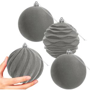 Artmag 4 PCS Large Velvet Christmas Balls Ornaments Shatterproof Hanging Set Flocked for Xmas Tree Holiday Party Decorations (Grey,4 Inch)