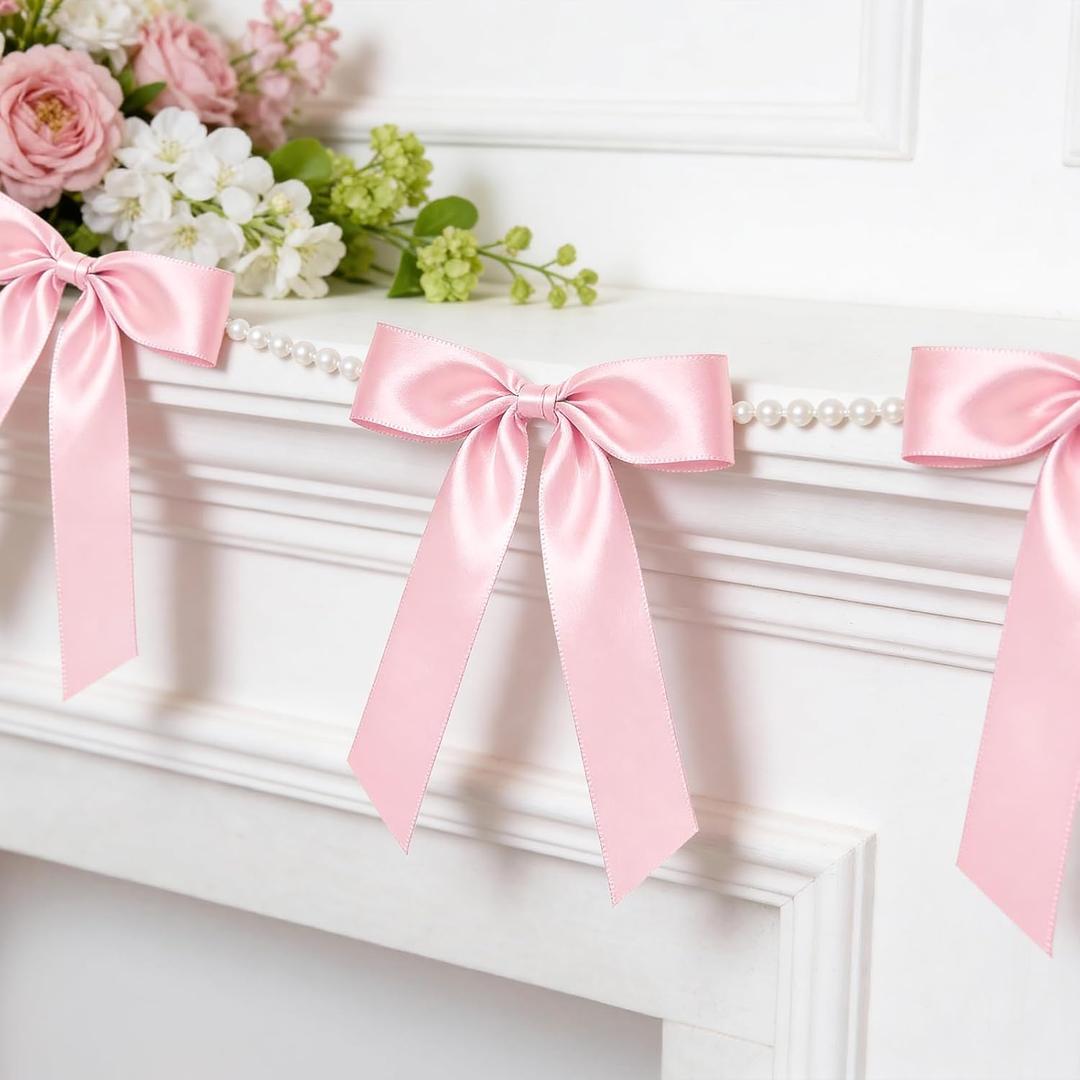 2 Strings Pink Bow Garland Banner, Pre-Strung Satin Ribbon with 6.5ft Pearl Chain for Coquette Birthday, Bridal Shower, Bachelorette Party, Baby Shower, Engagement, Graduation & Anniversary Decor
