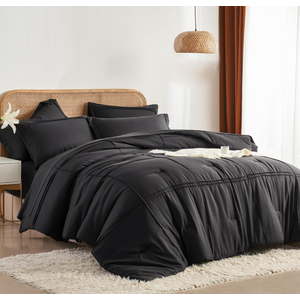Yogeneg Twin Comforter Set 5 Piece Bed in a Bag,Grid Pinch Pleat Black Twin Bedding Set,Striped Textured Soft Microfiber Comforter with Sheet Set,All Season Complete Bed Set(Black,Twin)