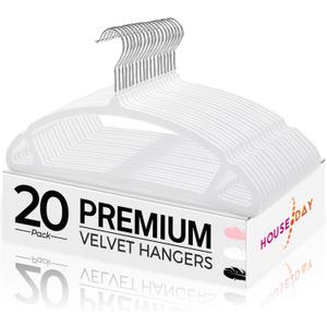HOUSE DAY White Velvet Hangers 20 Pack, Luxury Non Slip Felt Hangers, Space Saving White Clothes Hanger Heavy Duty, No Shoulder Bump Focked Hanger with 360 Swivel Hook for Closet