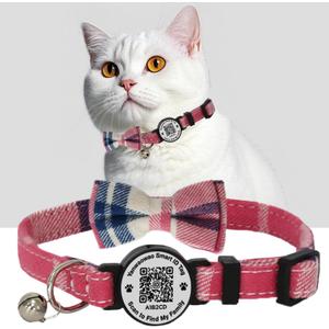 Breakaway Cat Collar with Bell & Bow Tie Soft Cotton Adjustable Kitten Collar with QR Code ID Tag for Indoor and Outdoor Cat (Pink)