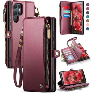 Defencase Compatible with Samsung Galaxy S22 Ultra Case Wallet with RFID Blocking Card Holder for Women, PU Leather Magnetic Snap Flip Zipper Strap Phone Case Fit for Galaxy S22 Ultra 5G, Red