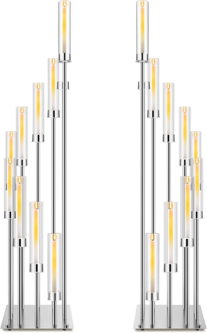2 Pack 10 Arms Wedding Candelabras Centerpiece,50 Inches Tall Floor Standing Candle Holders with Clear Acrylic Shades, Silver Gold Candelabra for LED Candles Bridal Shower Party Decor(Silver)