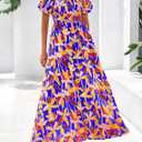 BTFBM Womens Spring 2026 Casual Maxi Dresses Short Sleeve Smocked Tiered Floral Boho Long Beach Dress with Pockets (Blue, M)