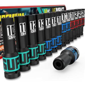 14-Piece 1/2" Drive Impact Socket Set, 10-24mm Thicker Deep Sockets with Storage Case and 1/2 to 1/4 Impact Wrench Adapter, Metric 6 Point Socket Set for Automotive and Home