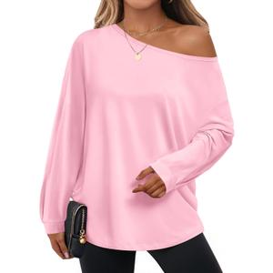 Cicy Bell Womens Oversized Off The Shoulder Tops Fall Casual Lantern Long Sleeve T Shirts Trendy Loose Fit Tunics (Medium)