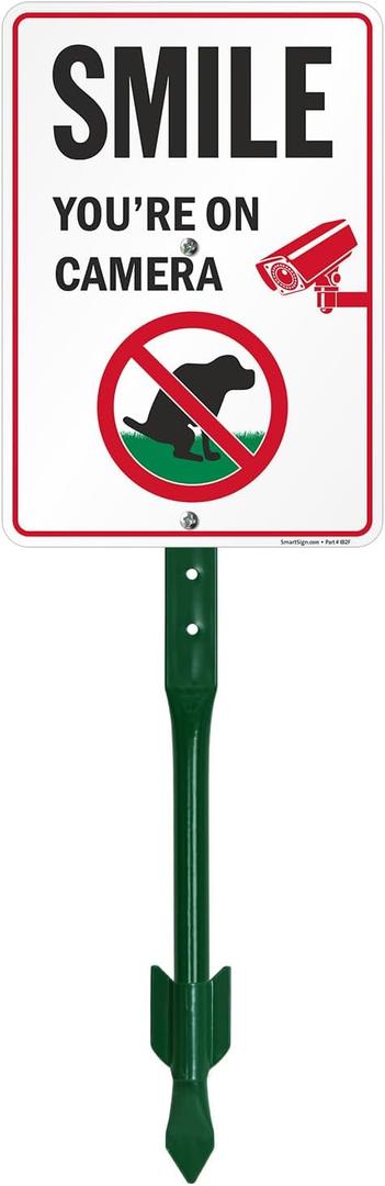 SmartSign 'Smile You're On Camera' Yard Sign with No Dog Poop Symbol - 7" x 10" Sign with Sturdy Stake, 40 mil Aluminum Sign, 21-inch Tall Sign/Stake Kit, Green/Black/White, USA-Made