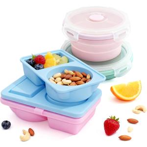 Silicone Snack Containers Set - 4 Pack Reusable Leakproof Bento Boxes with Lids, 2 Collapsible & 2 Dual Compartment Mini Food Storage for School, Sports, Meal Prep - Microwave & Dishwasher Safe