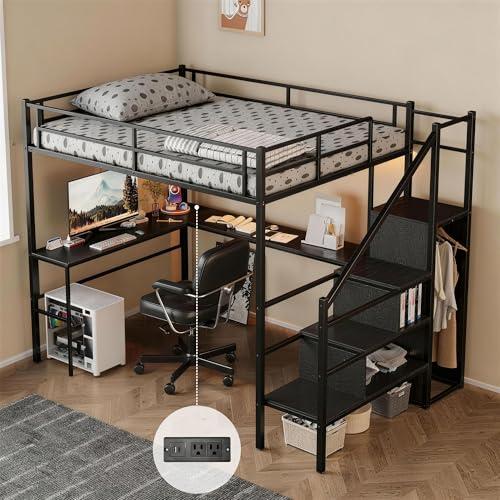 FAVSH Full Size Loft Bed with L-Shaped Desk and Built-in Storage Shelves & Wardrob, Convertible Stairs, Metal Loft Bed Frame with LED Light & Charging Station, for Teens/Adults (Black)